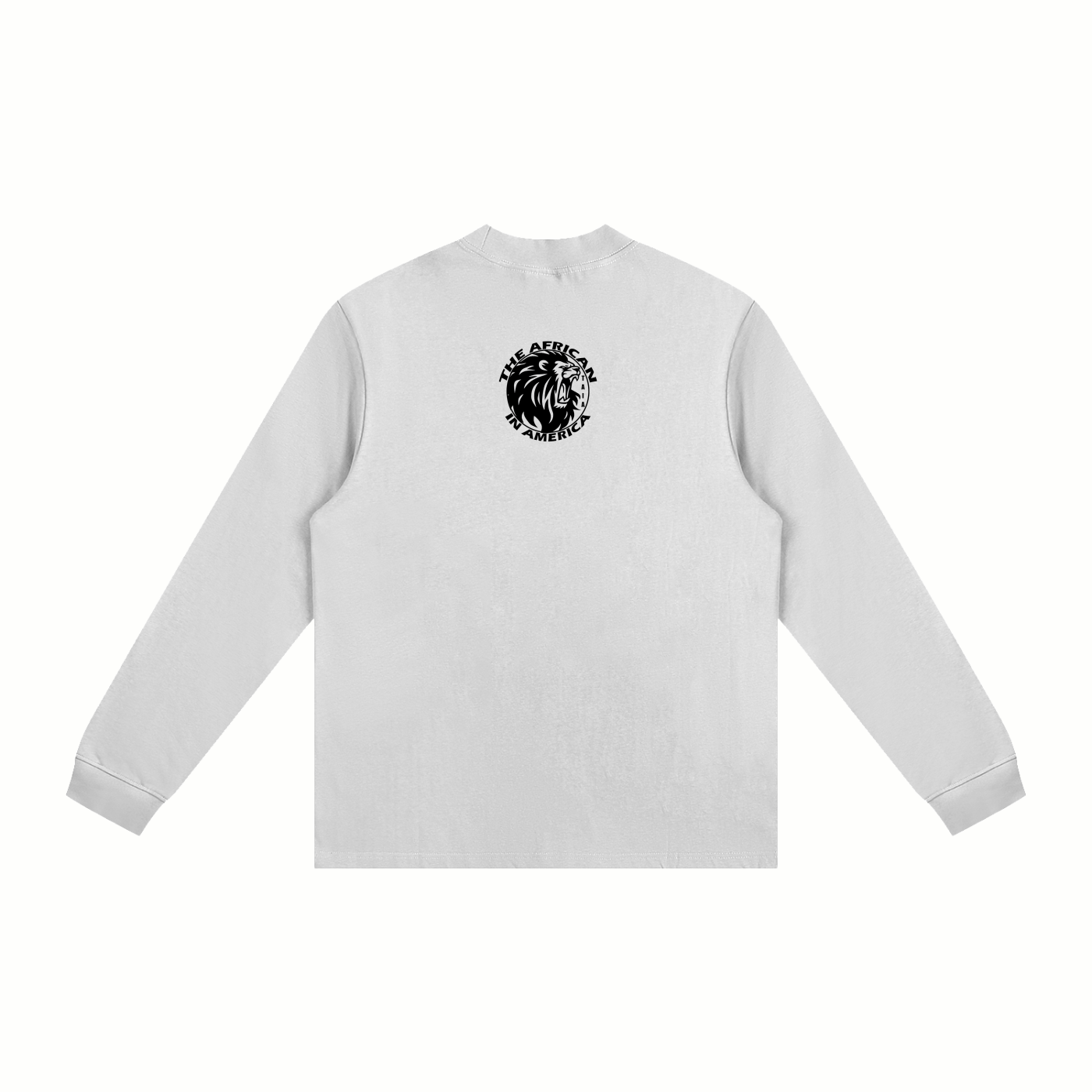 White long-sleeve shirt with a black logo on the back against a white background