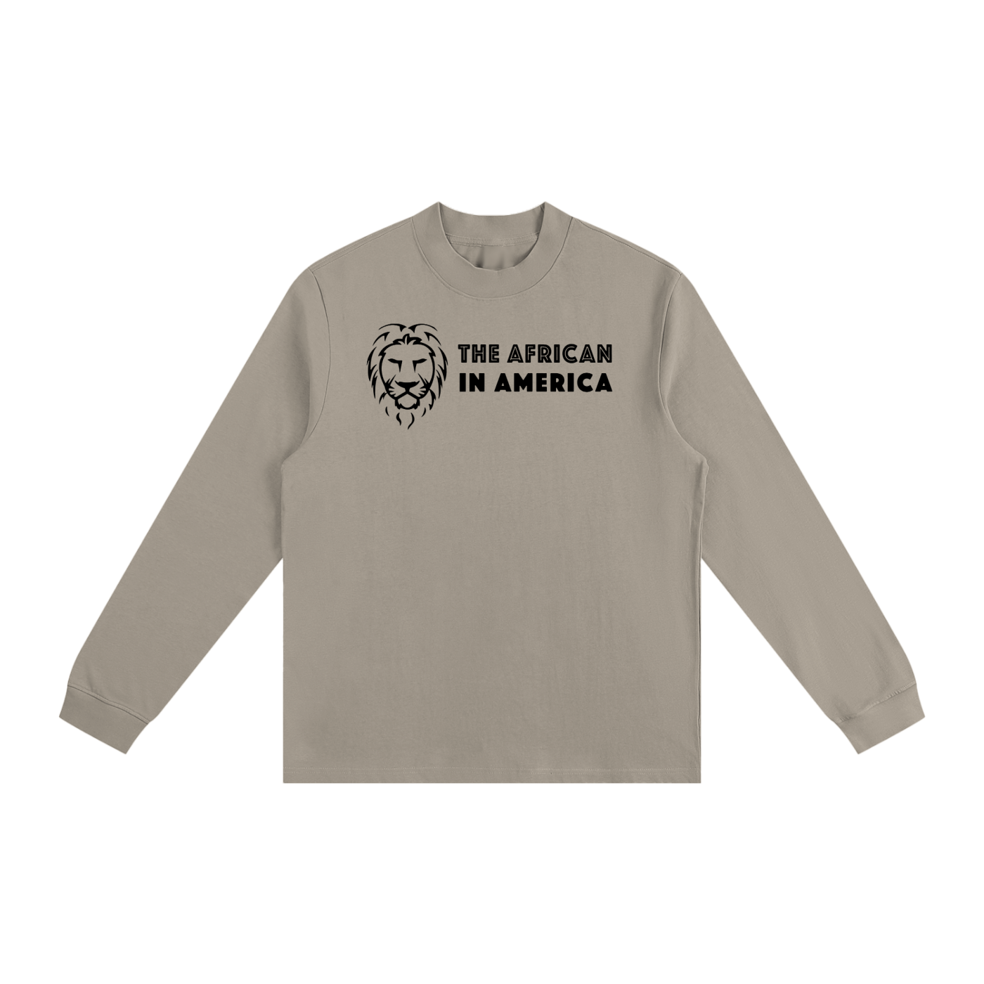 Beige long-sleeve shirt with a lion graphic and text on a white background