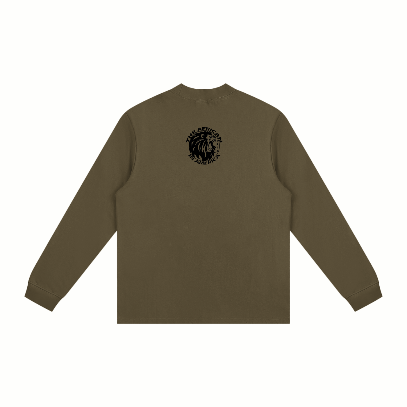 Brown long-sleeve shirt with a black logo on the chest against a white background