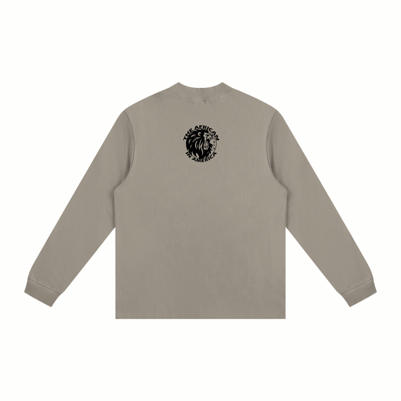 Beige long-sleeve shirt with a black logo on the back against a white background