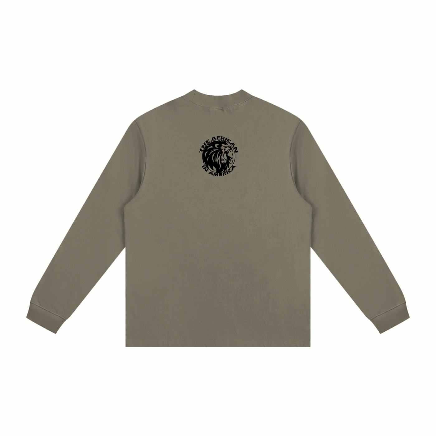 Khaki long-sleeve shirt with a black logo on the back against a white background