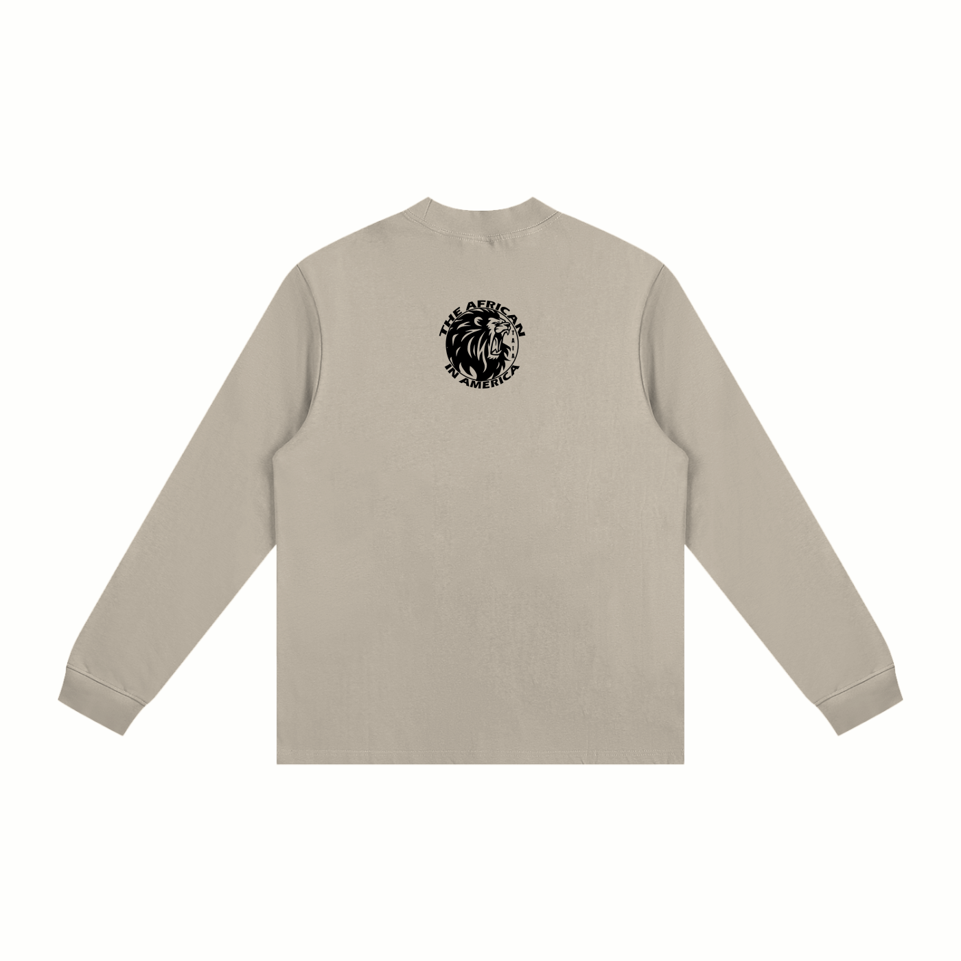 Beige long-sleeve shirt with a black logo on the back against a white background