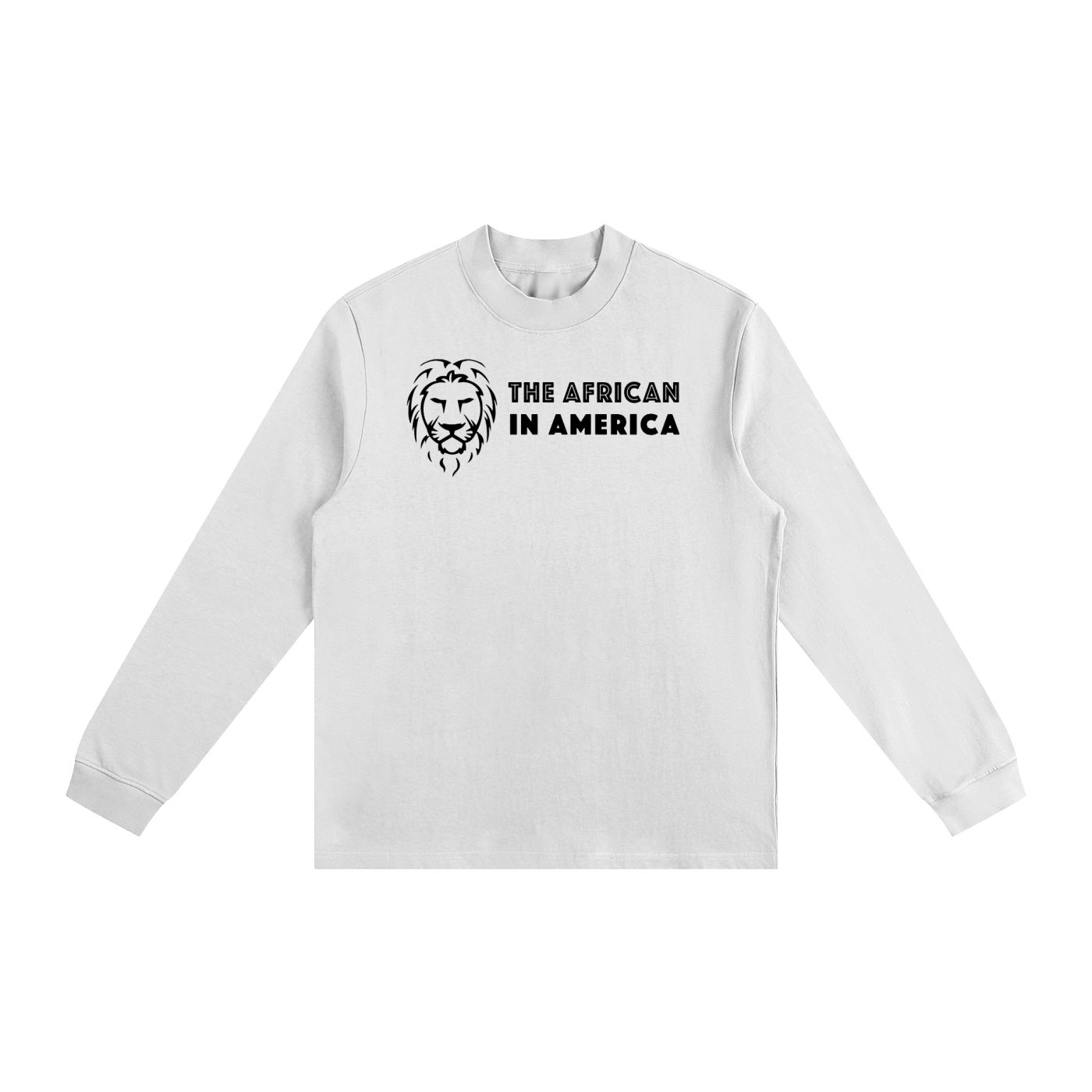 White sweatshirt with 'The African in America' logo on a white background