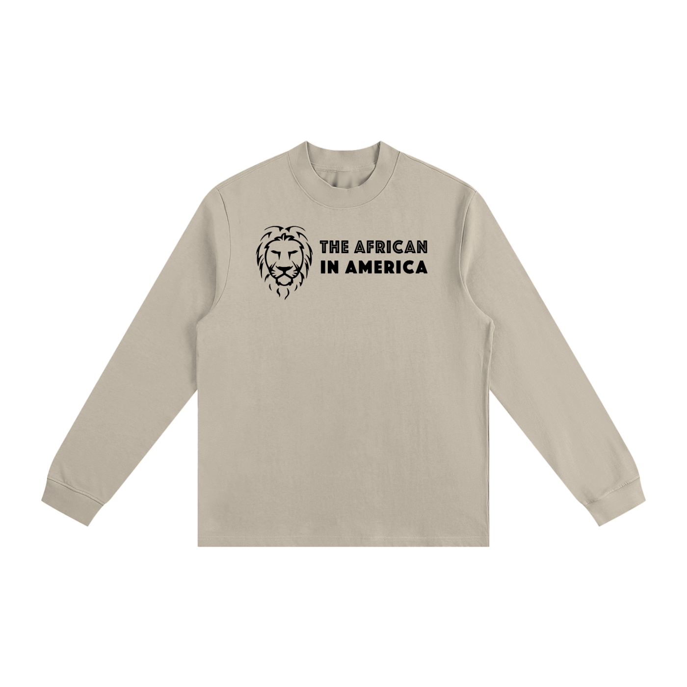 Beige sweatshirt with a lion graphic and text on a white background