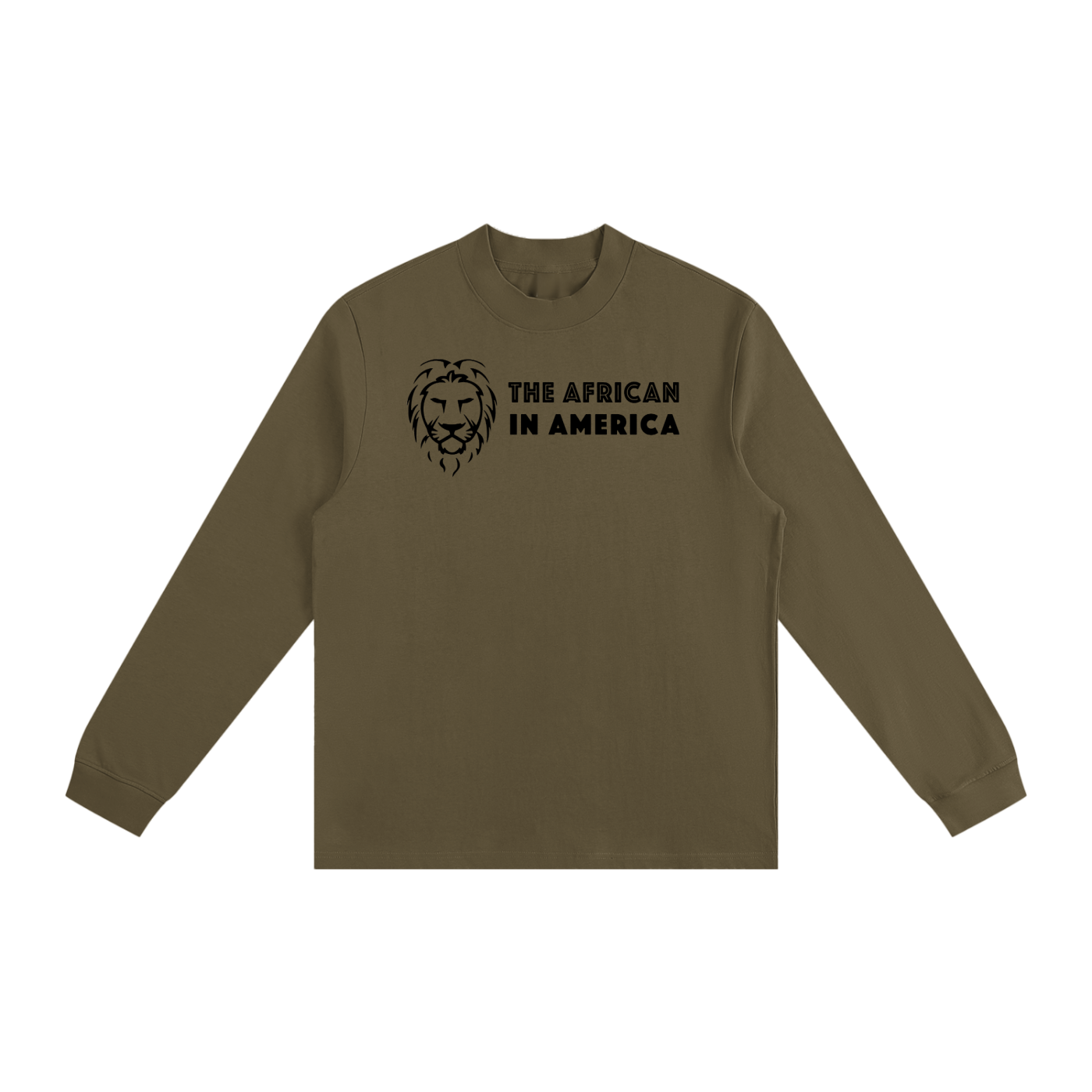 Brown long-sleeve shirt with a lion graphic and text on a white background