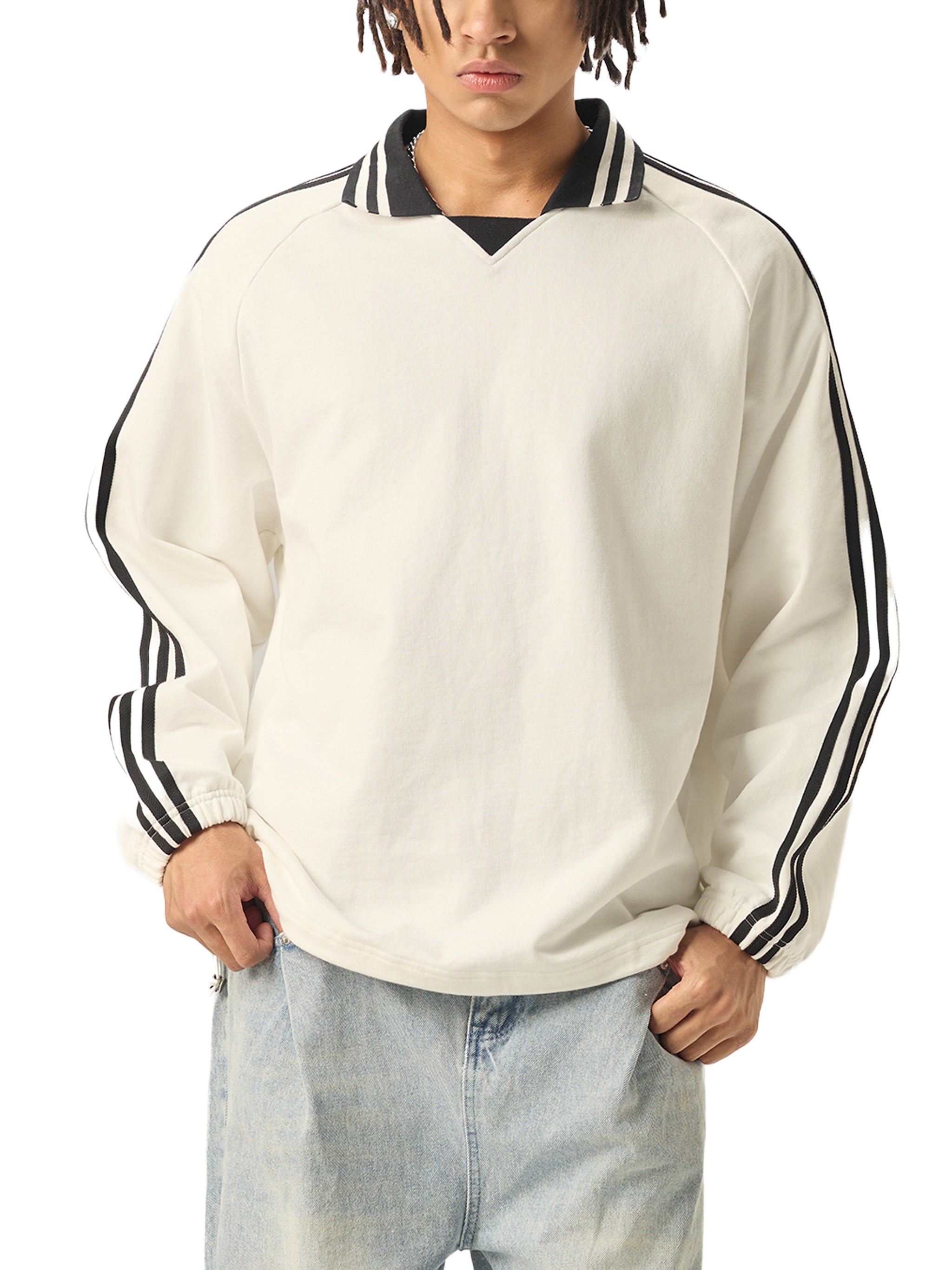 Striped Sweatshirt Men – Heavyweight Cotton Lapel Collar Streetwear