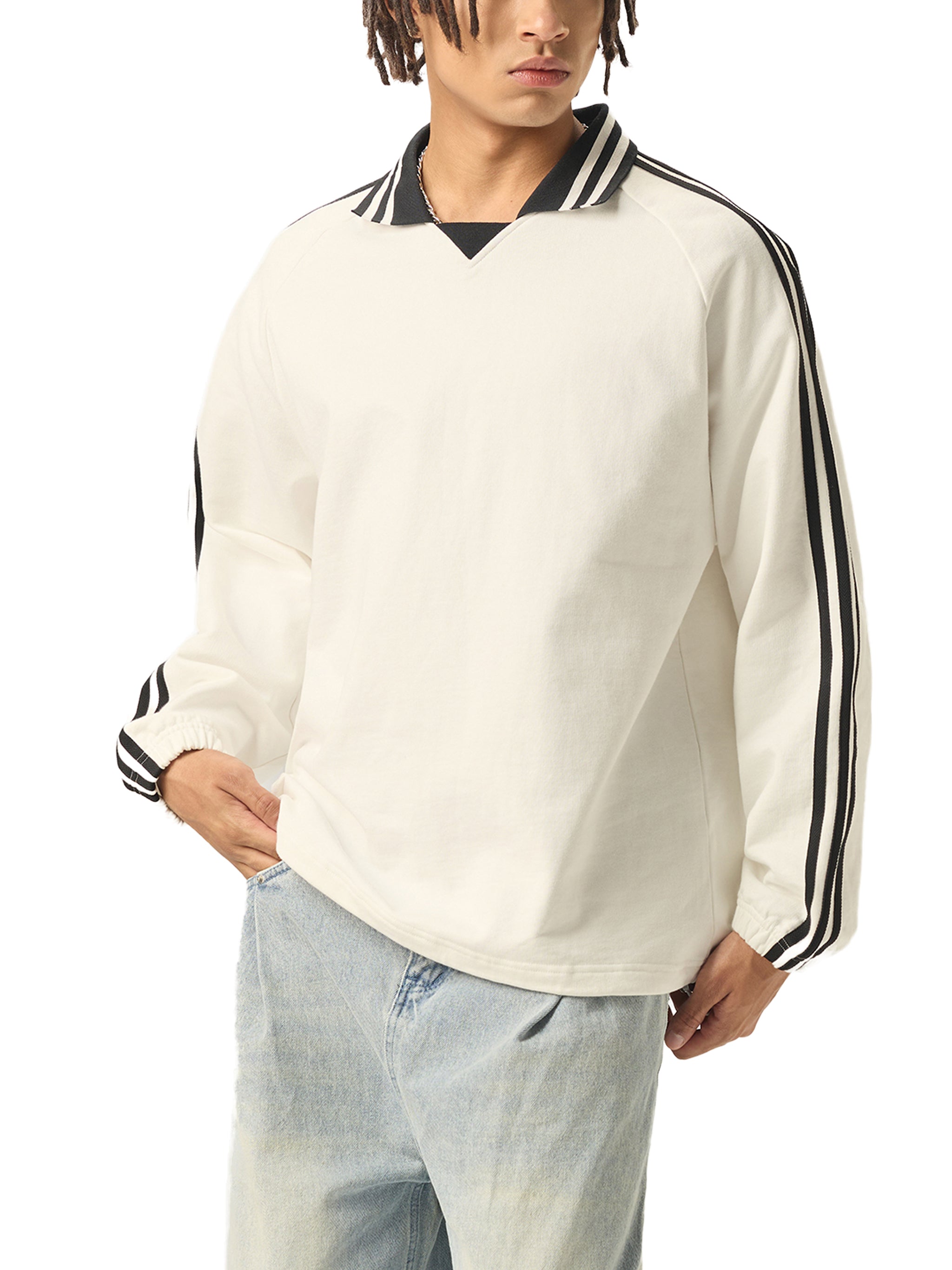 Striped Sweatshirt Men – Heavyweight Cotton Lapel Collar Streetwear