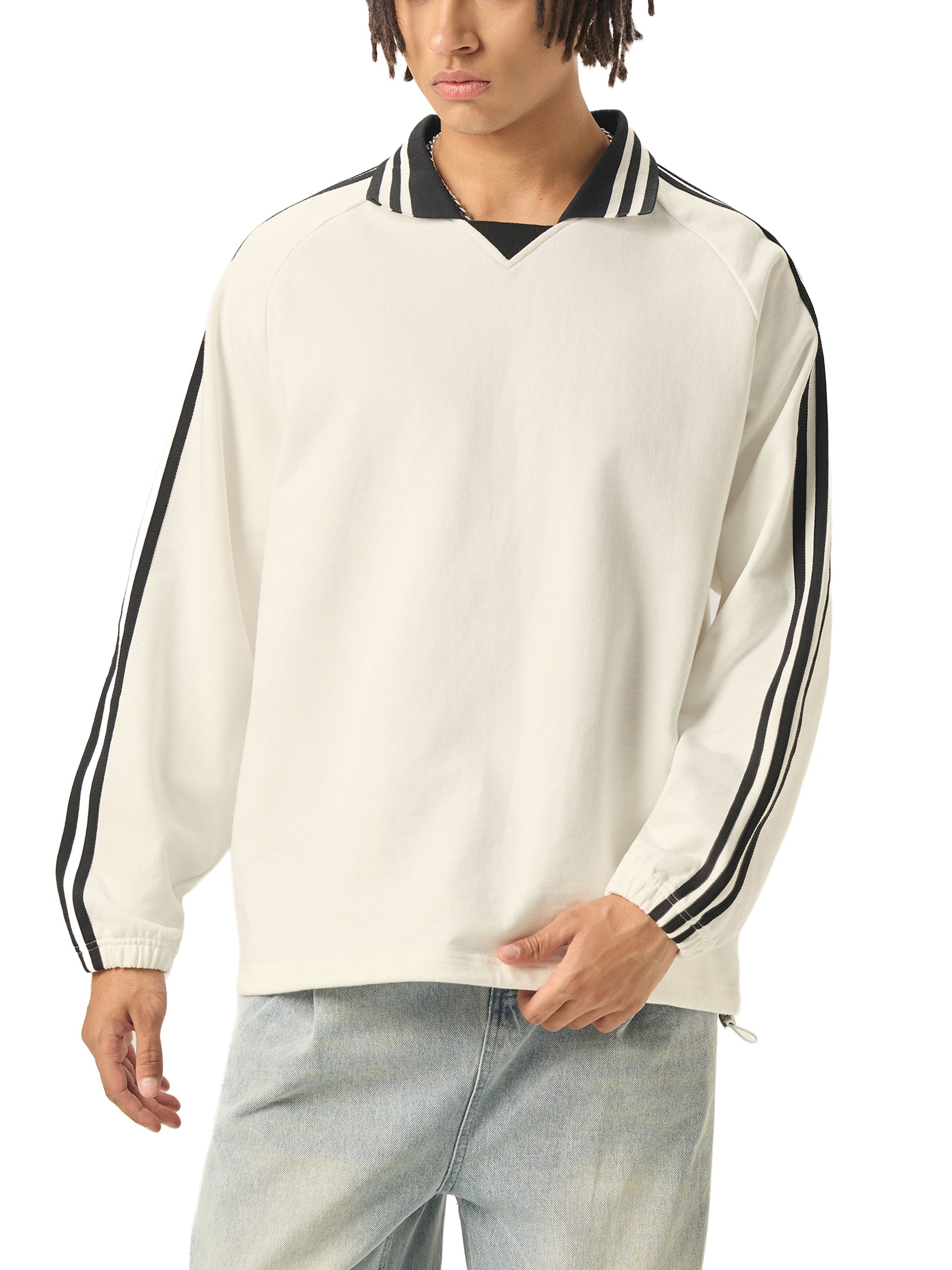 Striped Sweatshirt Men – Heavyweight Cotton Lapel Collar Streetwear