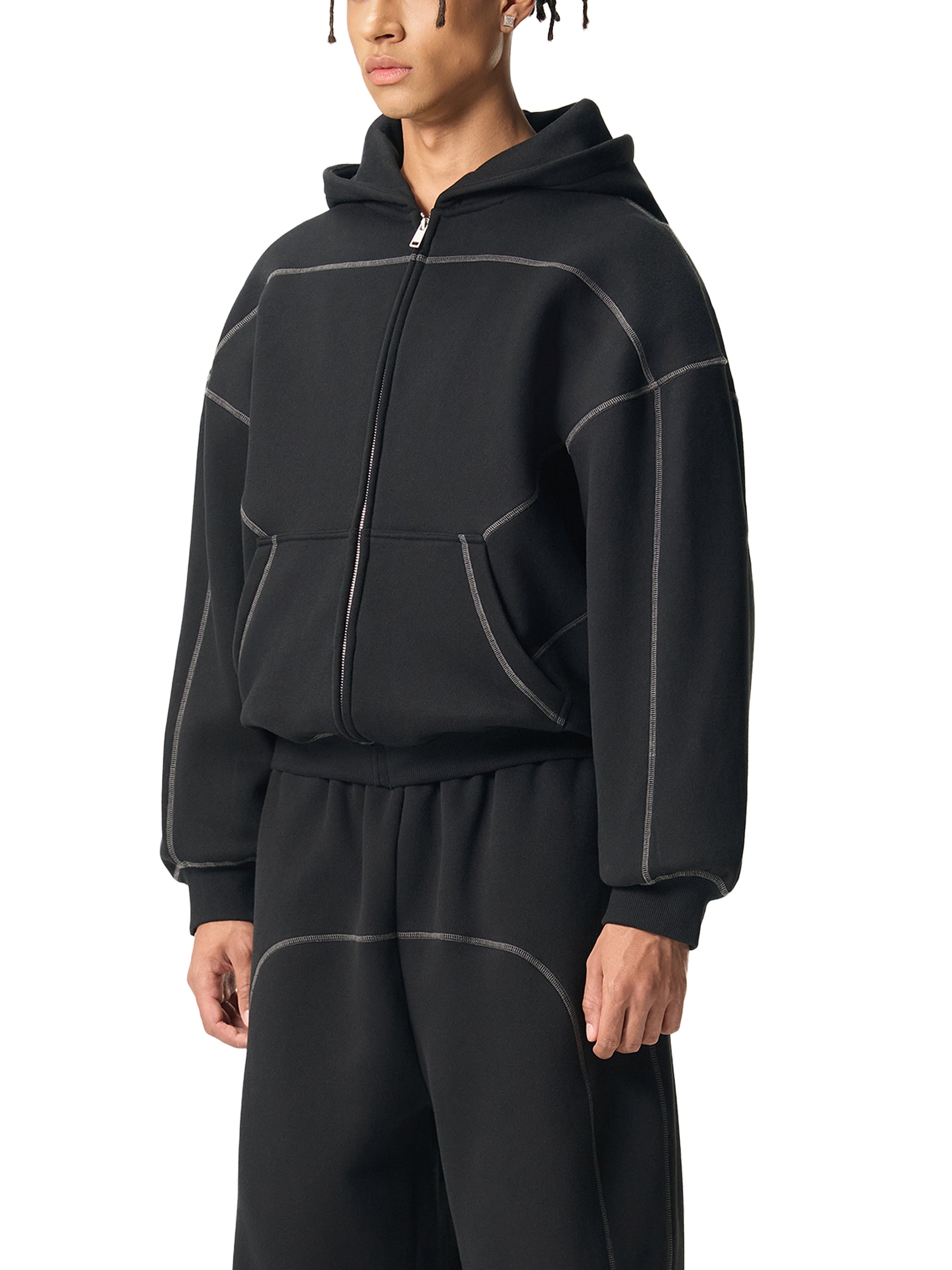 Zip Up Hoodie Men – Contrast-Stitched Boxy Fleece Streetwear Jacket