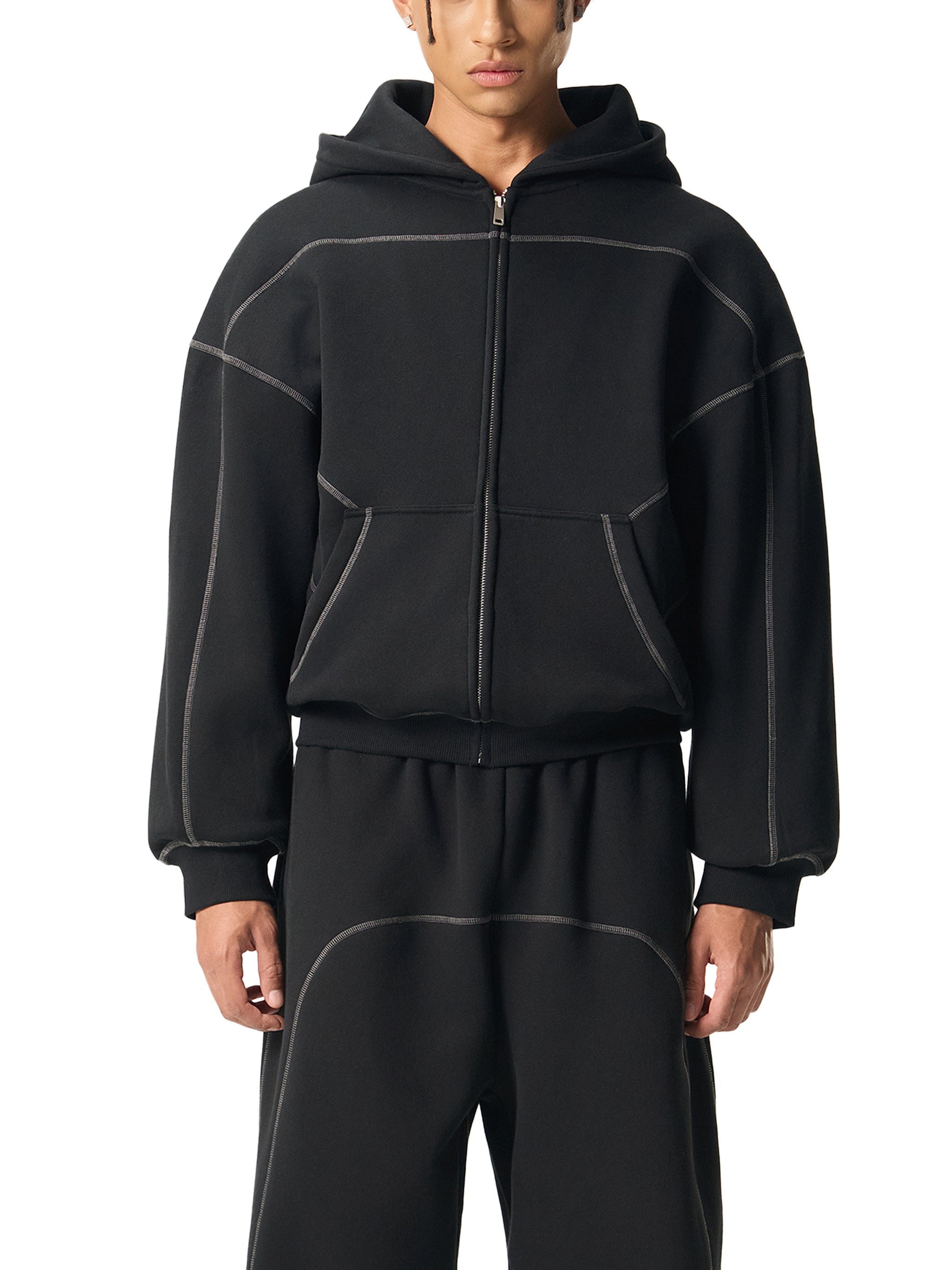 Zip Up Hoodie Men – Contrast-Stitched Boxy Fleece Streetwear Jacket