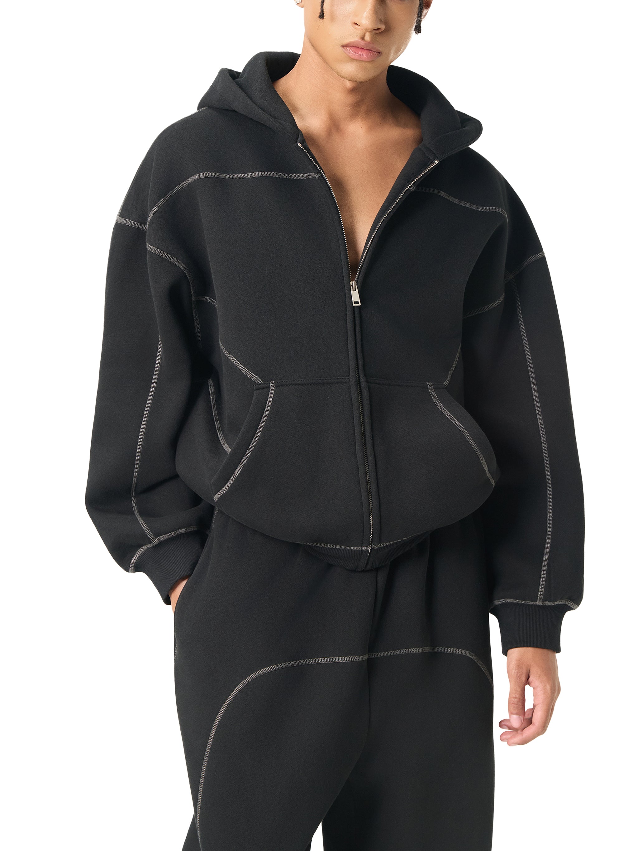 Zip Up Hoodie Men – Contrast-Stitched Boxy Fleece Streetwear Jacket