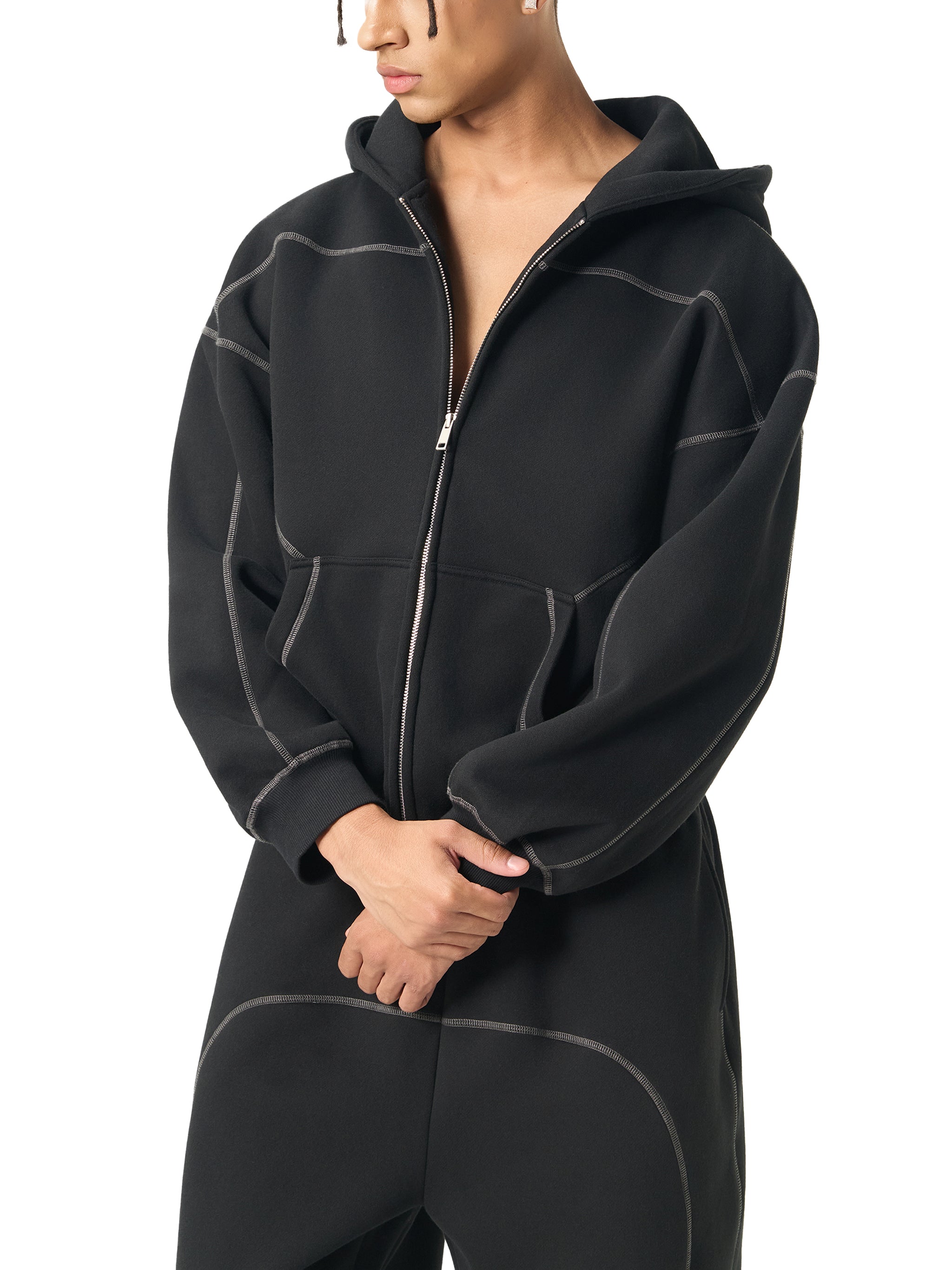 Zip Up Hoodie Men – Contrast-Stitched Boxy Fleece Streetwear Jacket