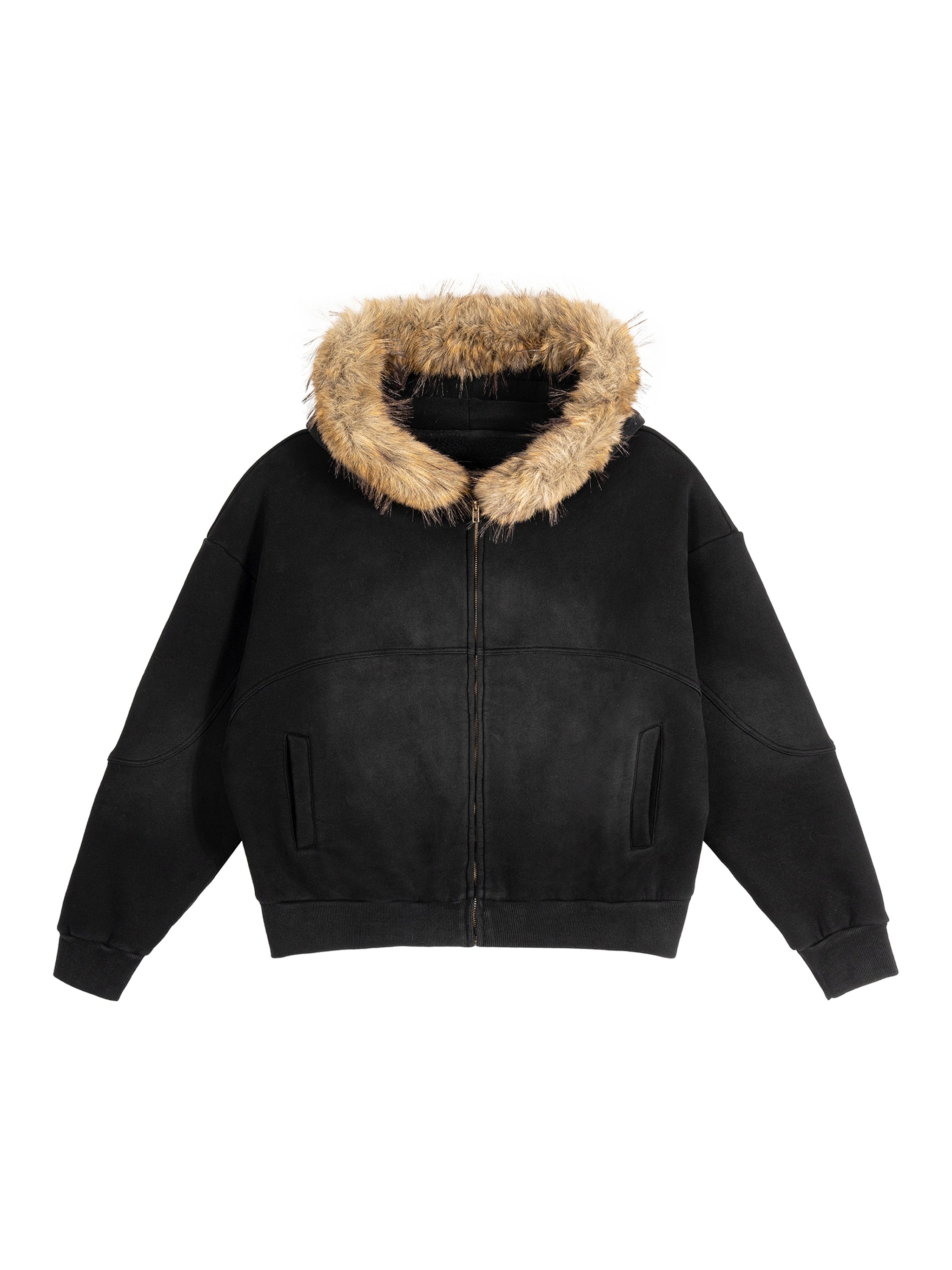 Sun Fade Boxy Fur Hoodie – Detachable Fur Hood Oversized Winter Jacket