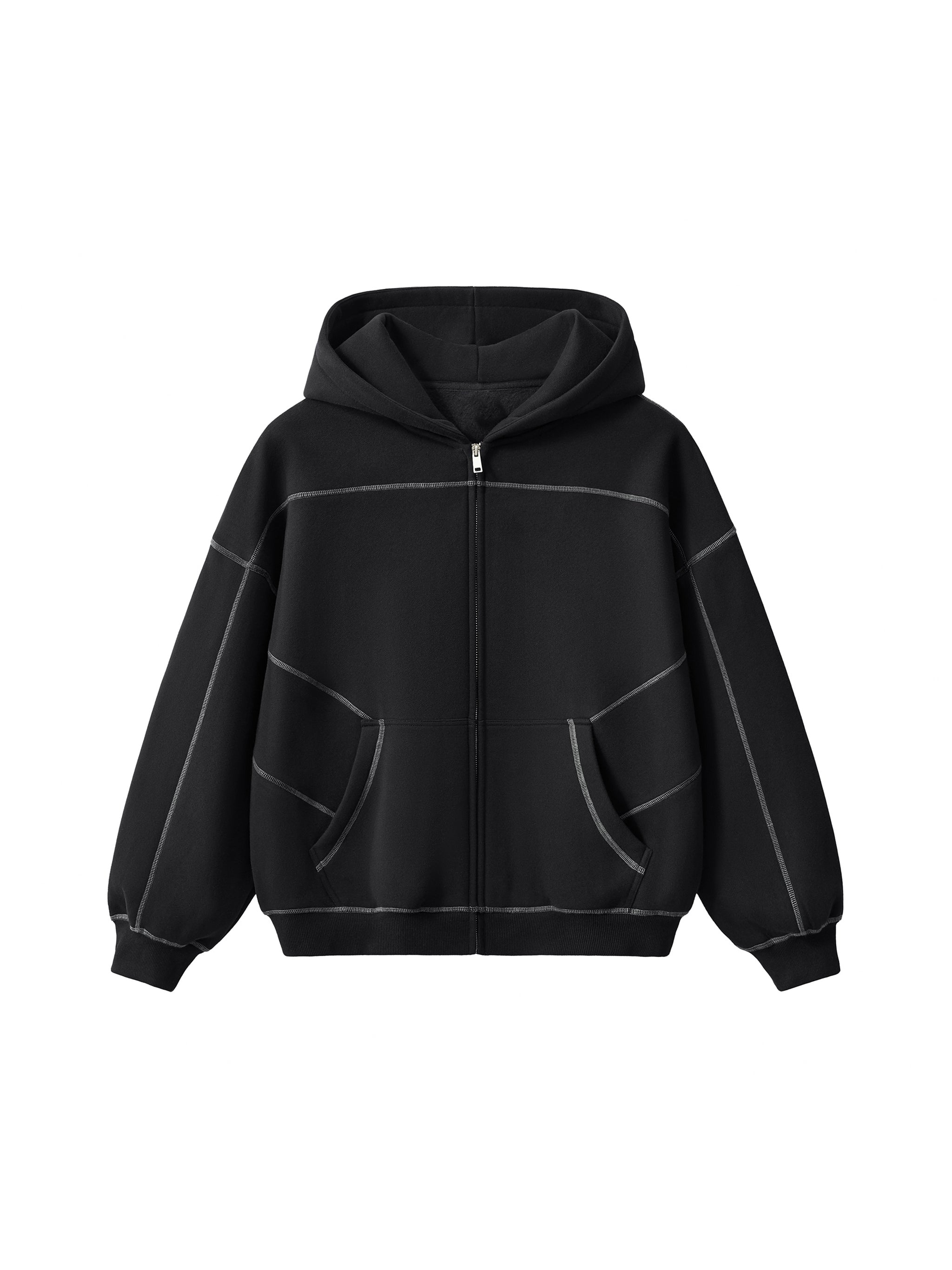 Zip Up Hoodie Men – Contrast-Stitched Boxy Fleece Streetwear Jacket